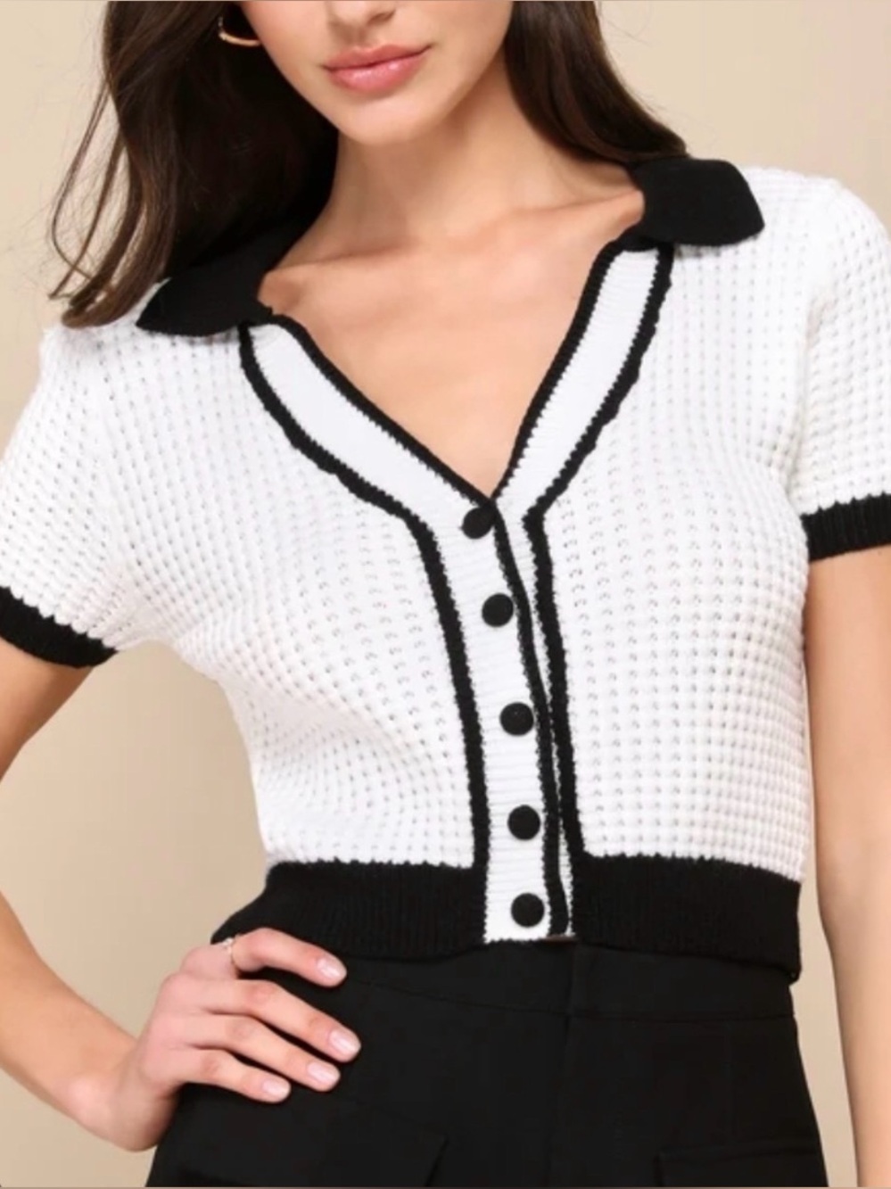 Emerson Lang  White Knit Cardigan with Black Trim size M # 1144